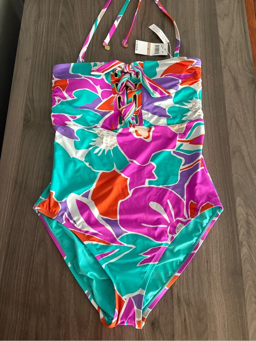Trina Turk Floral Halter One-Piece Swimsuit in Pink Teal Orange - Picture 5 of 16